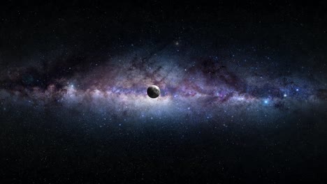 moving through space away from the moon to earth with milky way in the background