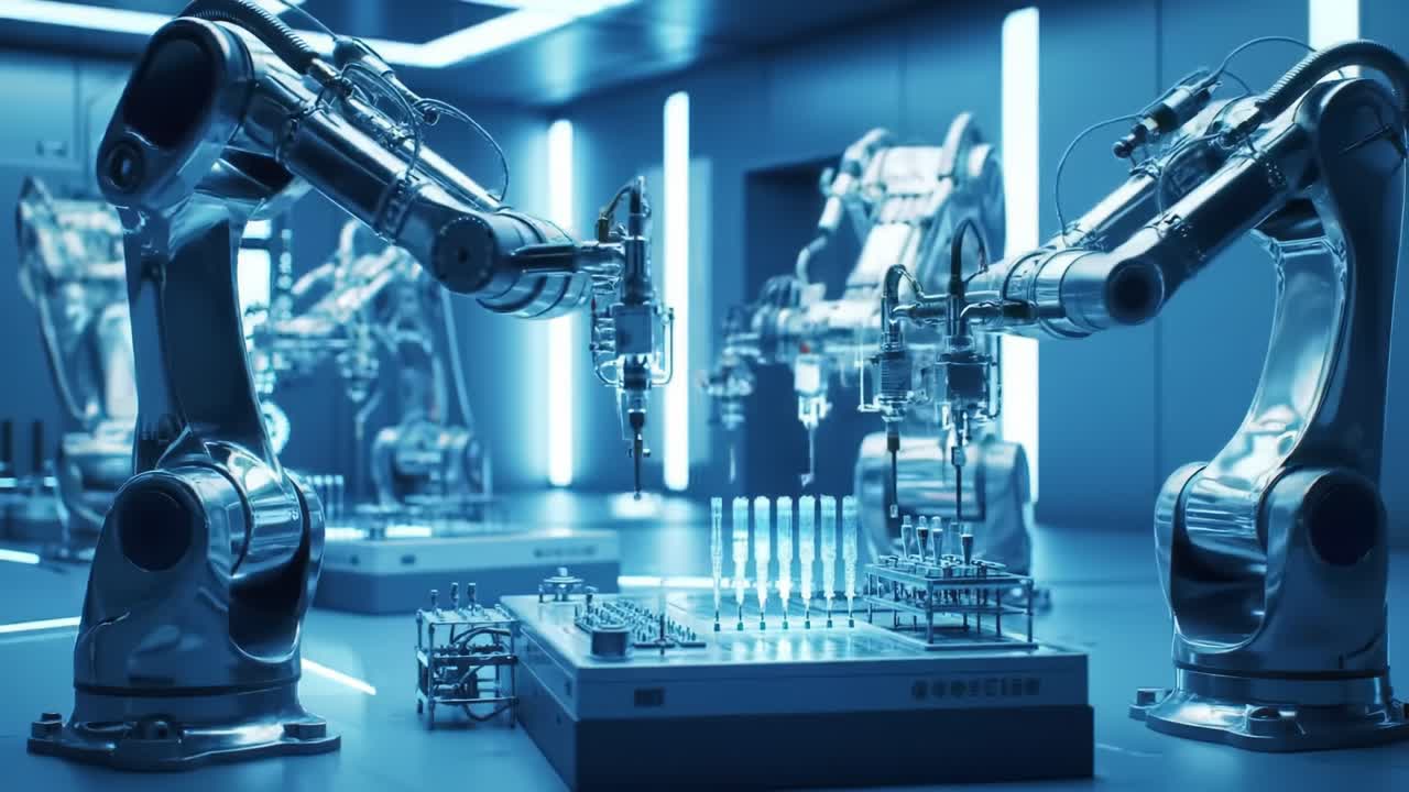 Advanced Robotic Arm Technology in a High-Tech Laboratory Setting, Showcasing Precision Automation and Innovative Techniques for Enhanced Production Efficiency