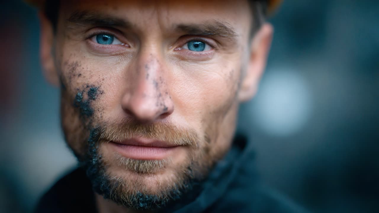 A Resilient Worker: Close-Up Portrait of a Determined Man with Blue Eyes and Workwear Accentuating His Grit and Commitment to His Craft Amidst a Challenging Environment