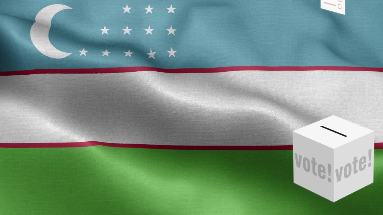 бюллетени летят в ящик для выбора узбекистов - ящики для голосования перед флагом