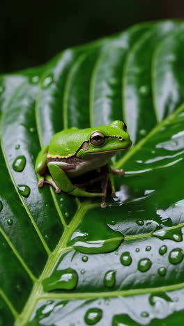 green frog on a wet leaf