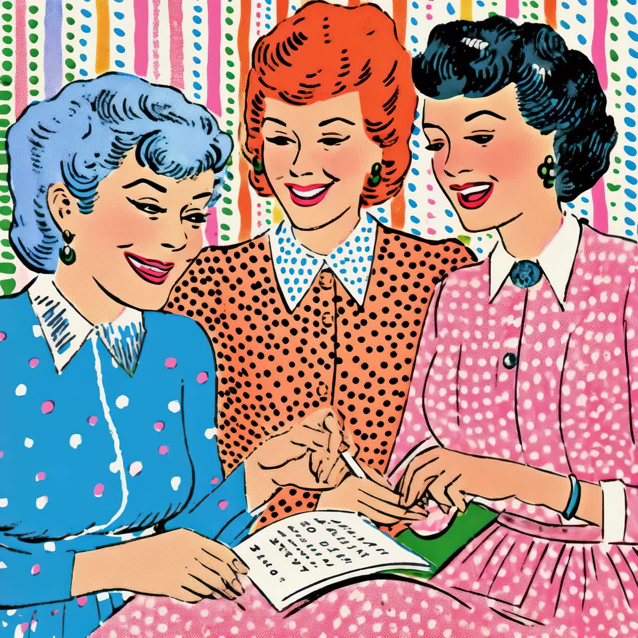 Renkli puantiyeli elbiseler içinde gülümseyen ve yazı yazan üç kadının retro illüstrasyonu