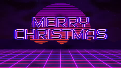 merry christmas with big purple moon and mountain in night in 80s styles