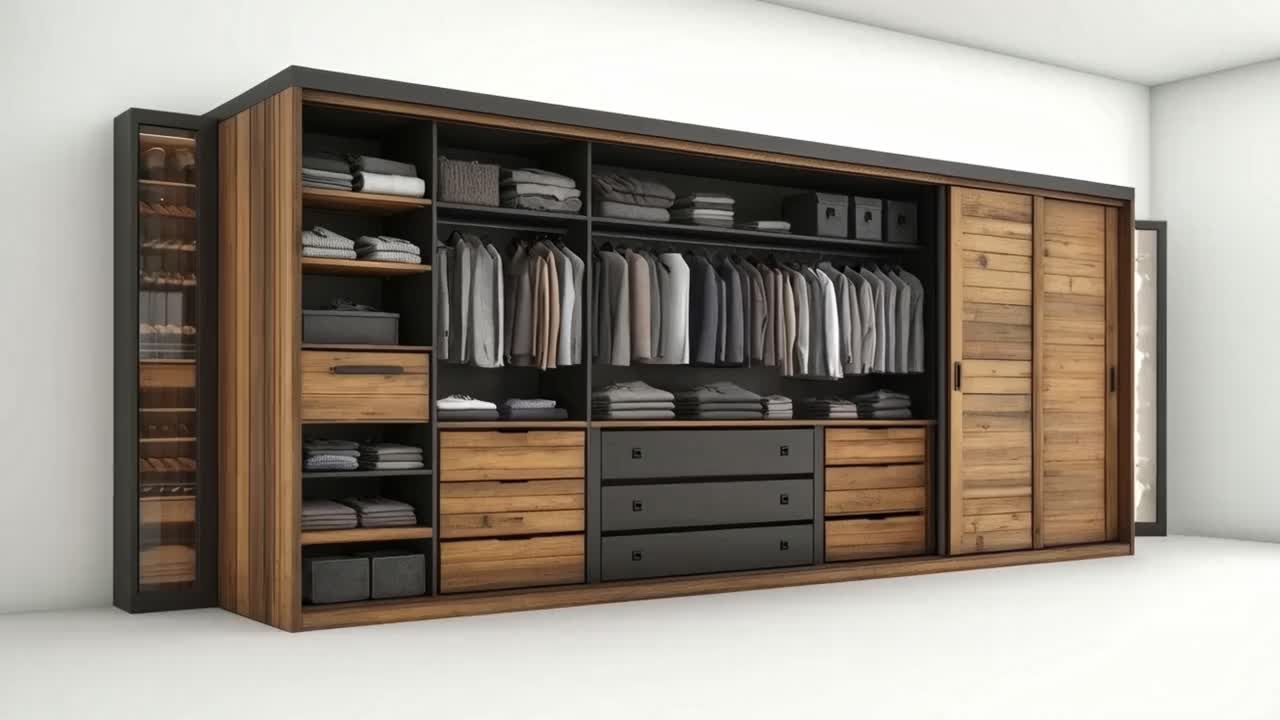 Modern wooden wardrobe with organized clothes and storage