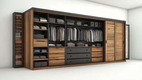 modern wooden wardrobe with organized clothes and storage