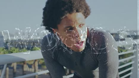 animación de texto wow sobre corredor masculino biracial con auriculares