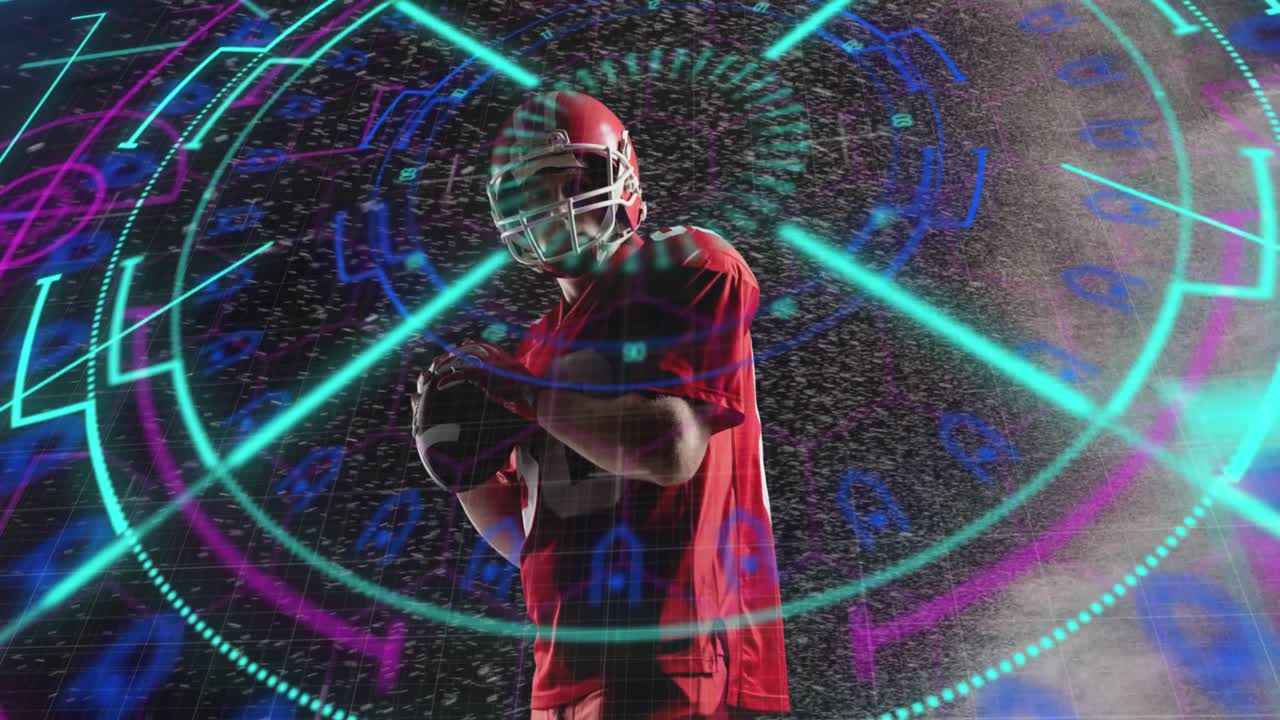 animación del procesamiento de datos sobre un jugador de fútbol americano con pelota