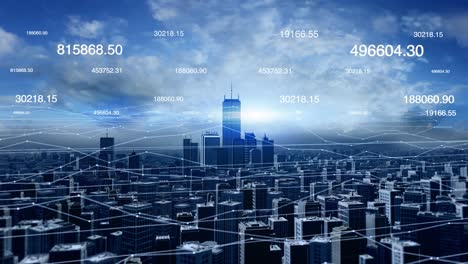 aerial view of city skyline with futuristic network connections and numbers.