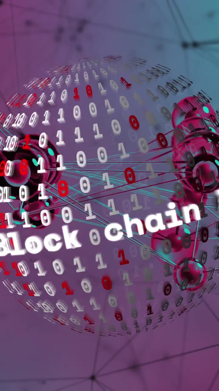 Animation of block chain text, globe of binary coding, connecting dots on purple gradient background