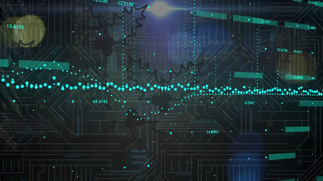 Animation of data processing and statistics over dark background