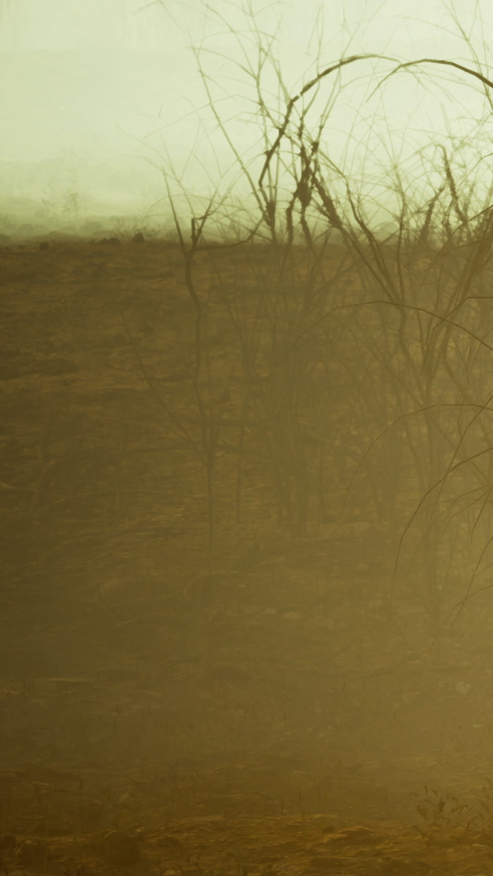 Brown landscape with dried branches in mist during early morning hours