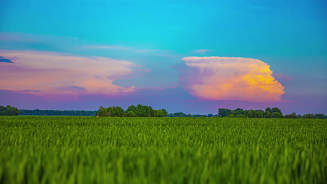 Colorful-sunset-time-lapse-cloudscape-over-farmland-field