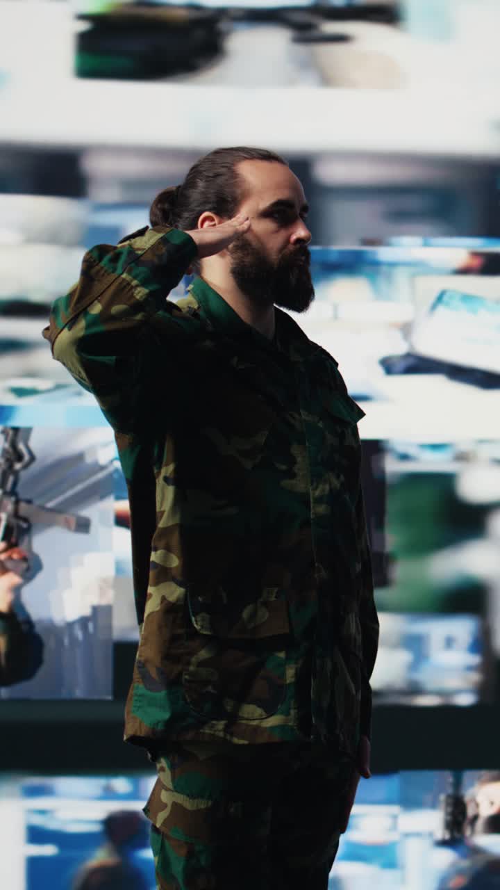 Vertical Video Male soldier showing respect and devotion with the military salute