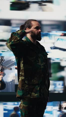 vertical video male soldier showing respect and devotion with the military salute