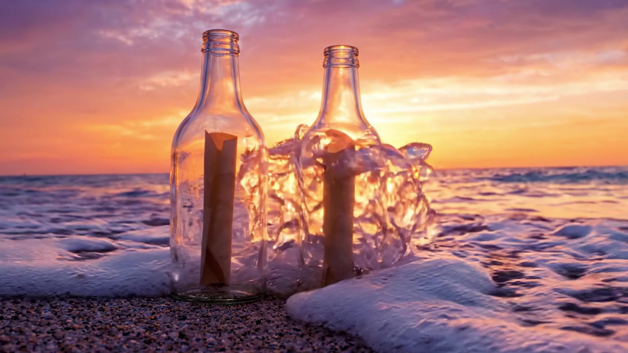 Bottiglie sulla spiaggia: che catturano la bellezza dei riflessi del tramonto mentre bottiglie di vetro racchiudono messaggi, creando un momento sereno in riva all'oceano.