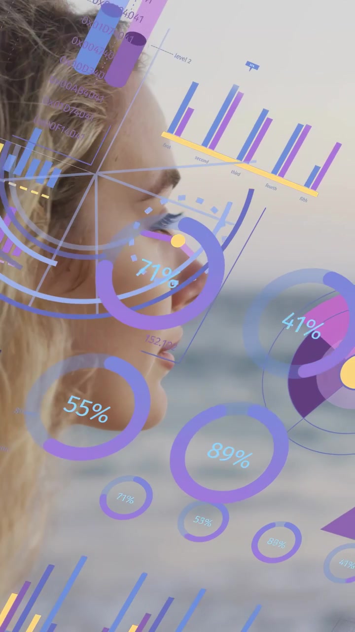 Vertical video: Woman shifting head on shore, sequence starting tech HUD overlaying face with data