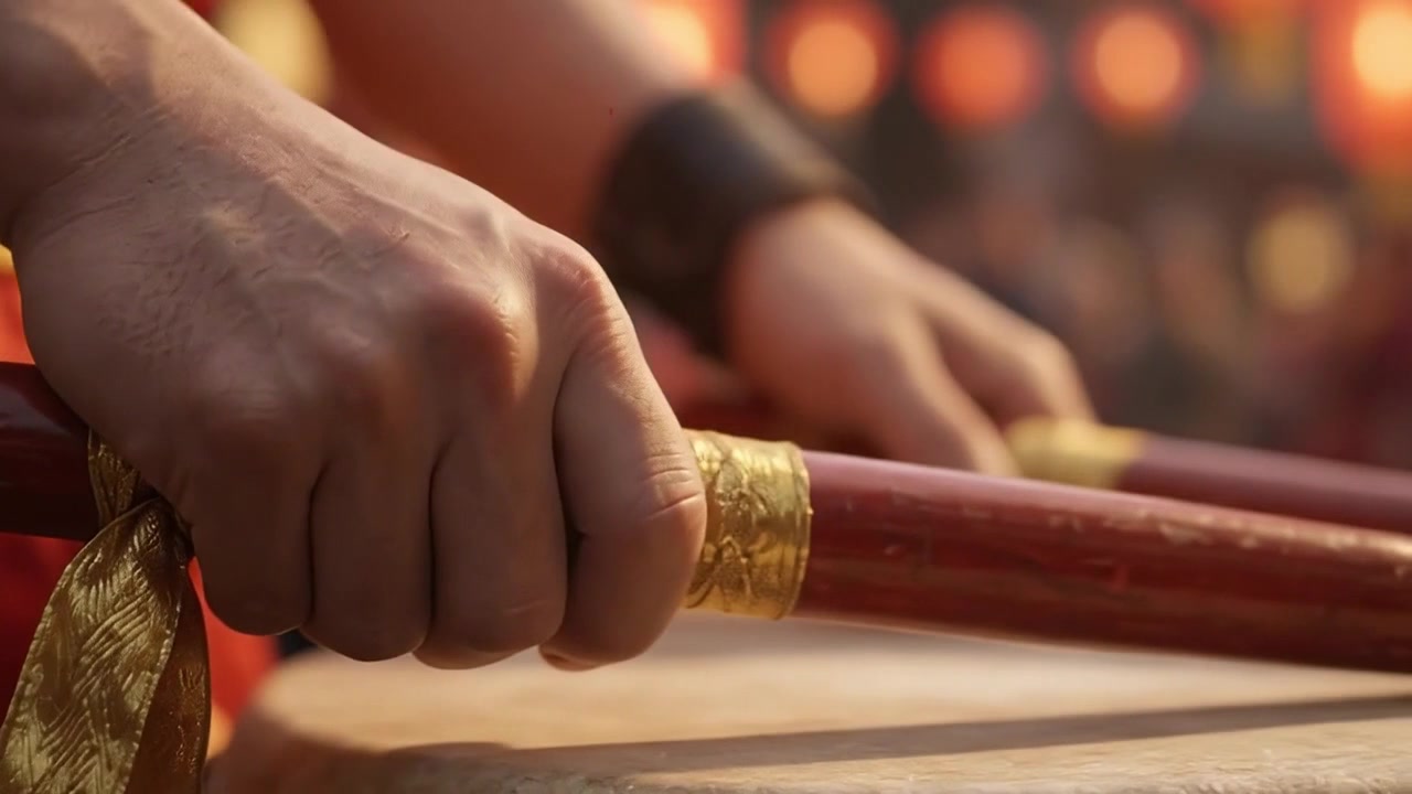 Drummer Playing Traditional Chinese Drum with Ornate Mallets
