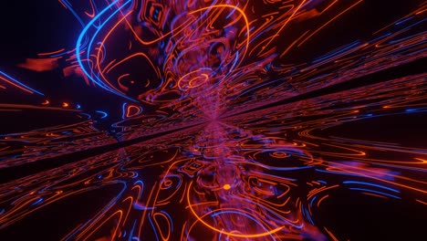 computerized animation of moving fast through dark red space with numerous fast moving shapes