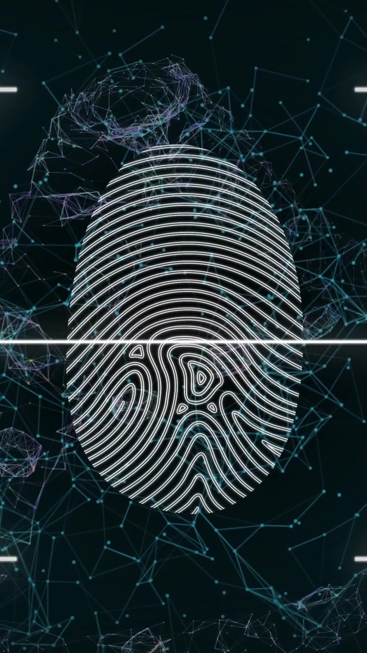 Animation of finger print and network of connections over dark background