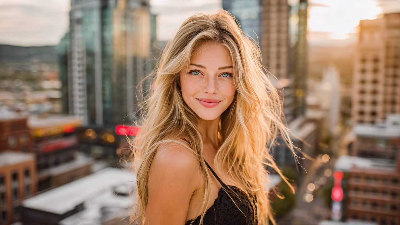 A Beautiful Young Woman with Long Hair Poses Confidently Against a Stunning Urban Skyline at Sunset, Radiating Natural Charm and Grace in a Captivating Portrait