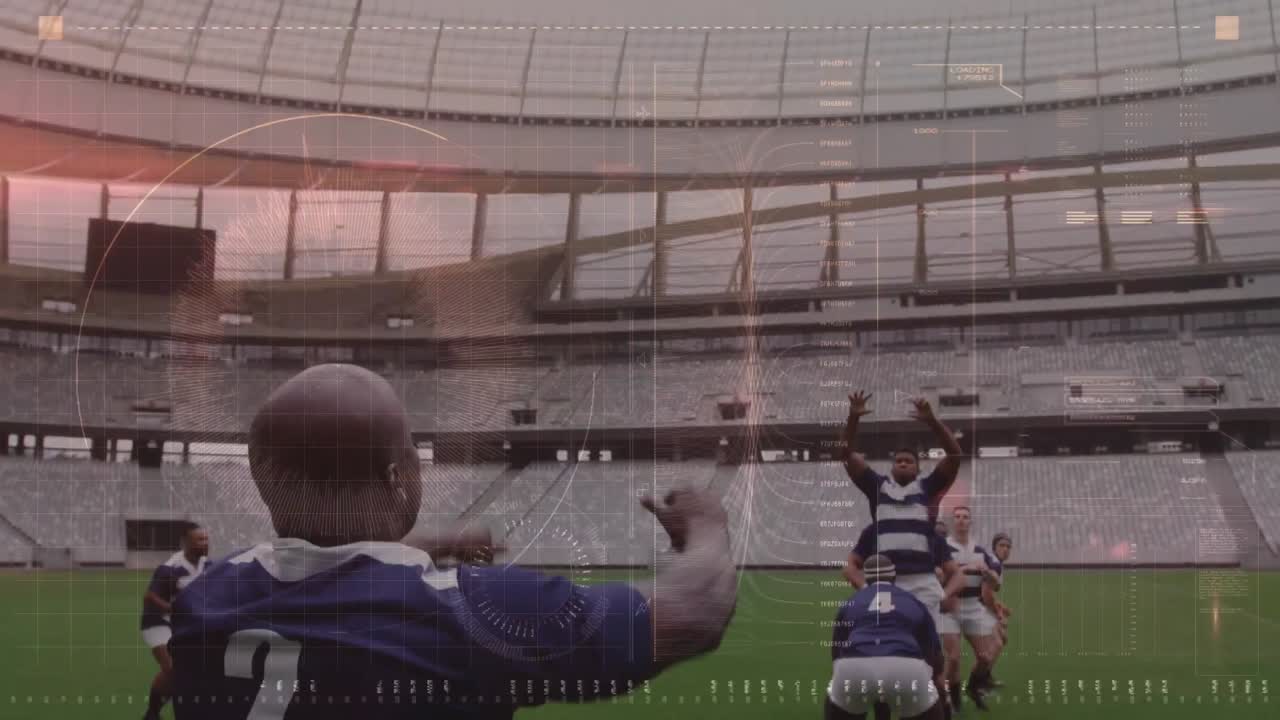 스포츠 경기장에서의 럭비 경기에 대한 데이터 처리 애니메이션