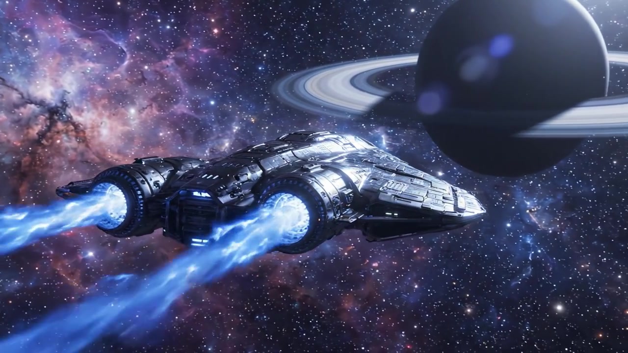 Un'astronave futuristica che naviga attraverso nebulose cosmiche e orbita un pianeta maestoso con raggi di energia che si irradiano dai suoi motori nelle profondità dello spazio.