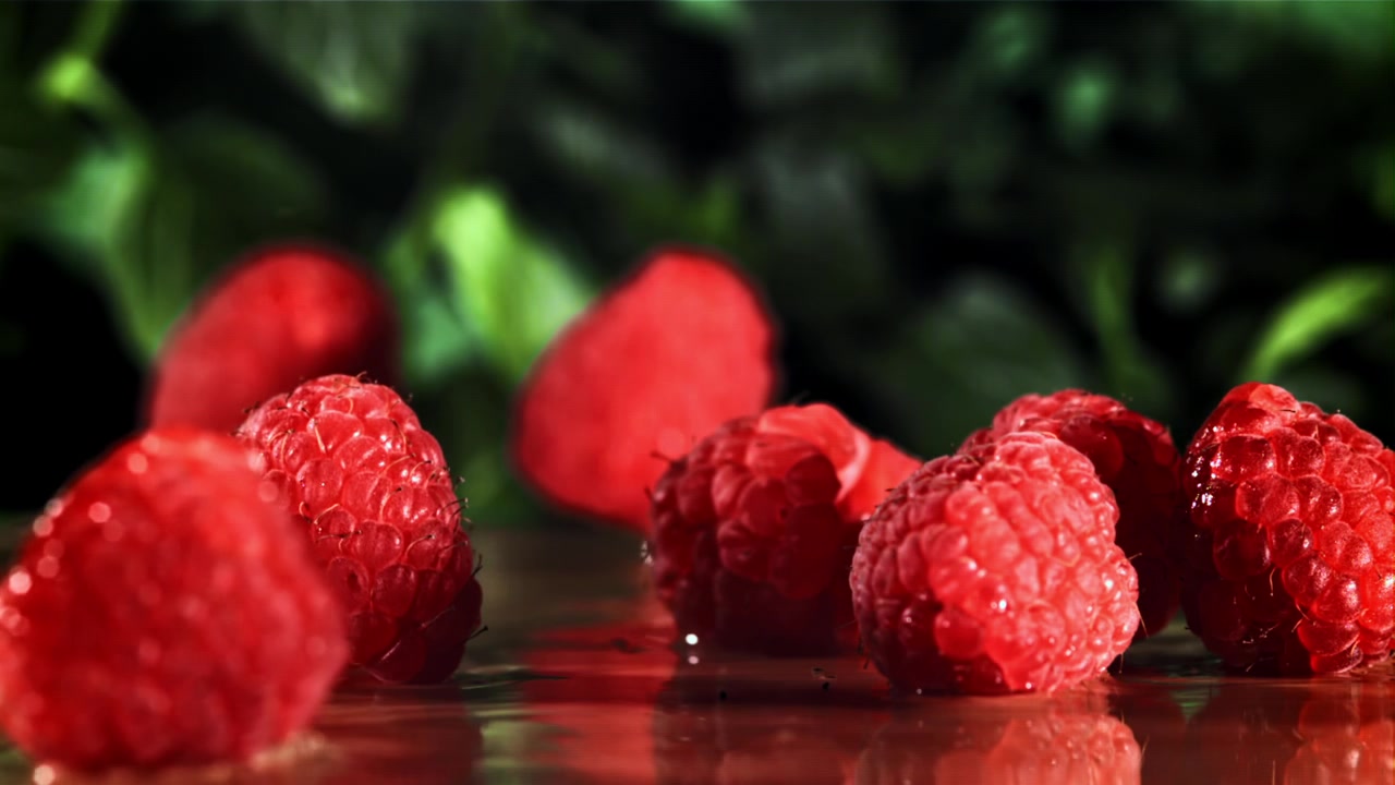 Fresh Red Raspberries Falling in Slow Motion onto a Wet Surface