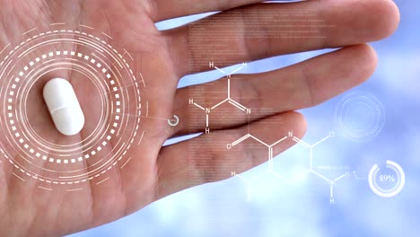 medicamento en la mano: medicamento para la diabetes holograma estructura química del medicamento en tecnología futurista para el paciente