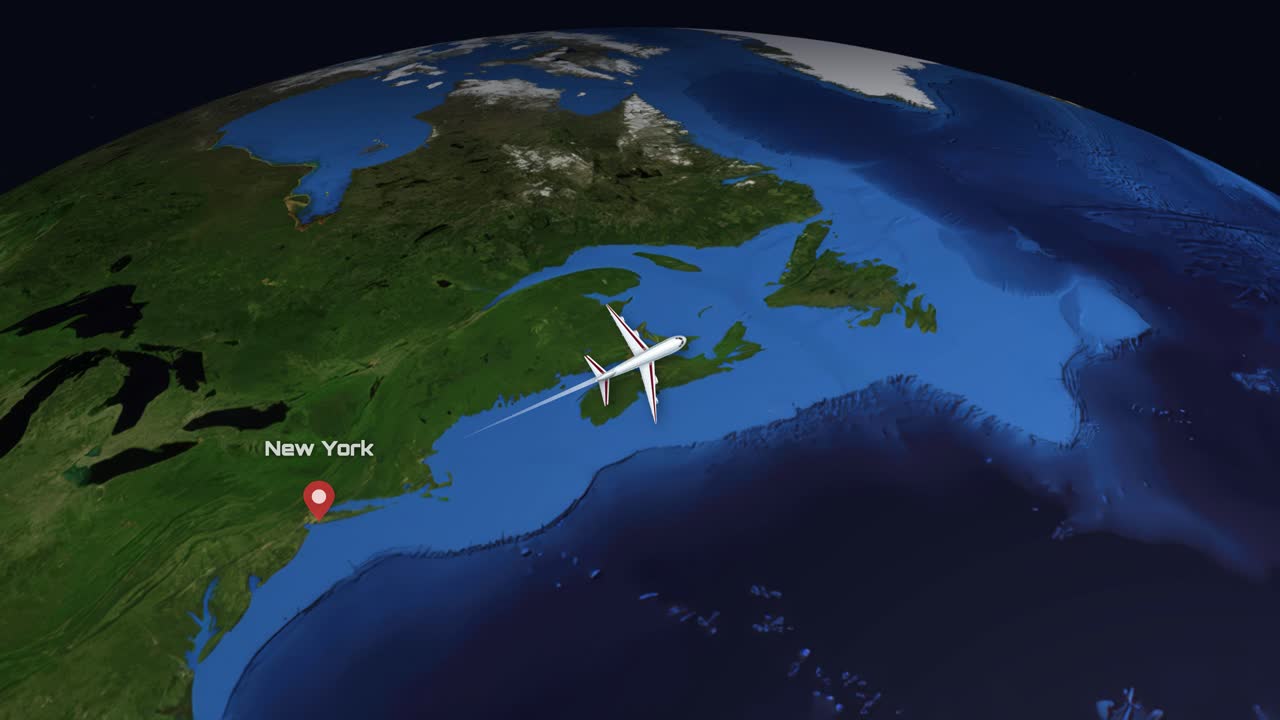 A 3D globe animation tracks a commercial airplane flying across the Atlantic Ocean to London