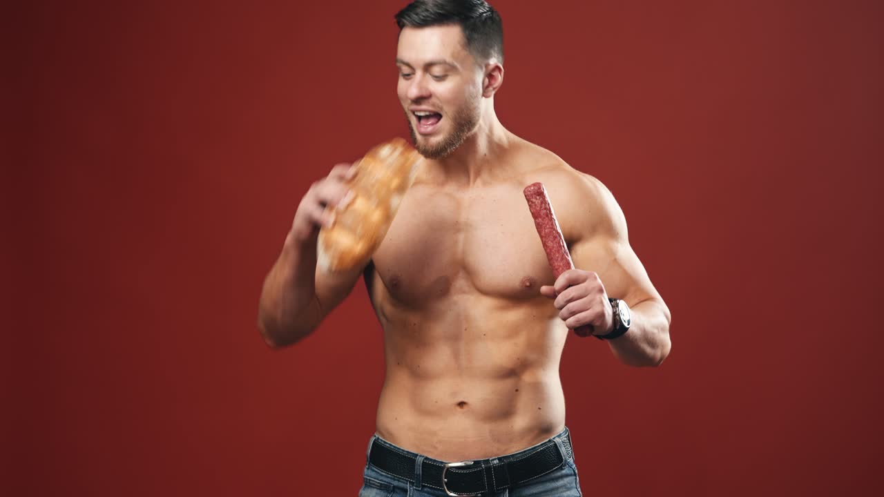 Difficult choice between sport and junk food. Unhealthy eating diet on dark red background