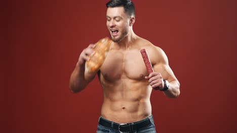 difficult choice between sport and junk food. unhealthy eating diet on dark red background