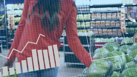 in grocery store, person analyzing data overlay while shopping for lettuce