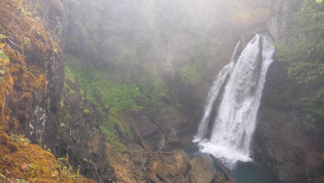 Slow-motion,-wide-shot-of-a-waterfall-viewed-from-above