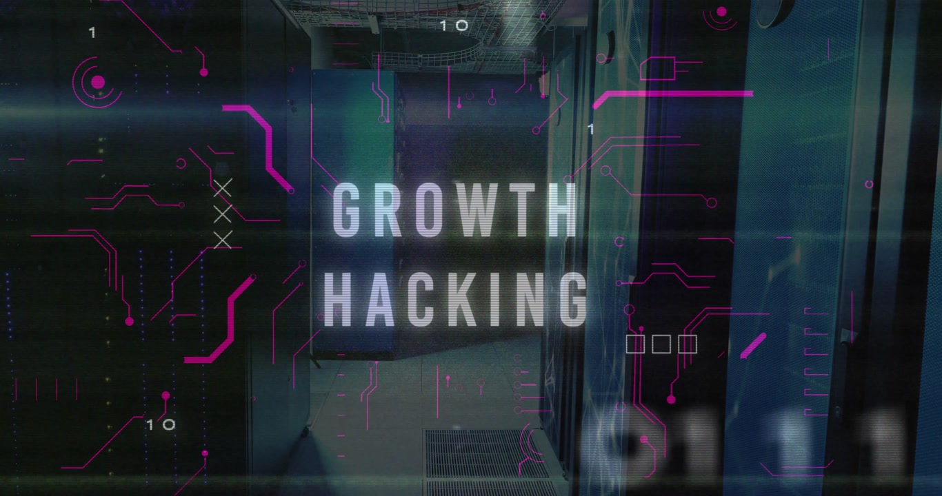 3D render glitching digital text reading GROWTH HACKING scrolling data center corridor with servers