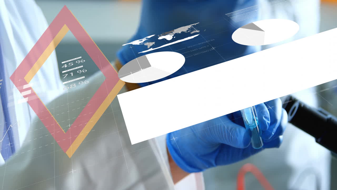 Analyzing sample with data charts, scientist using animation in laboratory