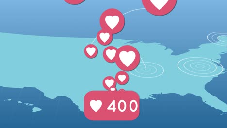 iconos de corazón y crecientes gustos contra rastros de luz en círculos pulsantes sobre el mapa del mundo