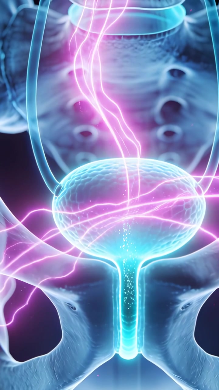 Vertical video: Sending magenta filament into bladder, lighting urethra and pelvis, forming ribbons