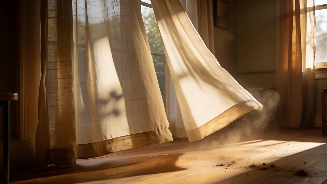 Billowing sheer curtains lifting hem, stirring dust across sunlit floor, draft entering glass door