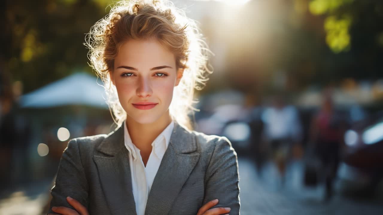 Fiducia radiosa: un ritratto di una giovane donna in un ambiente urbano sfocato, che enfatizza la luce naturale e l'eleganza casual, mostrando emancipazione e fascino