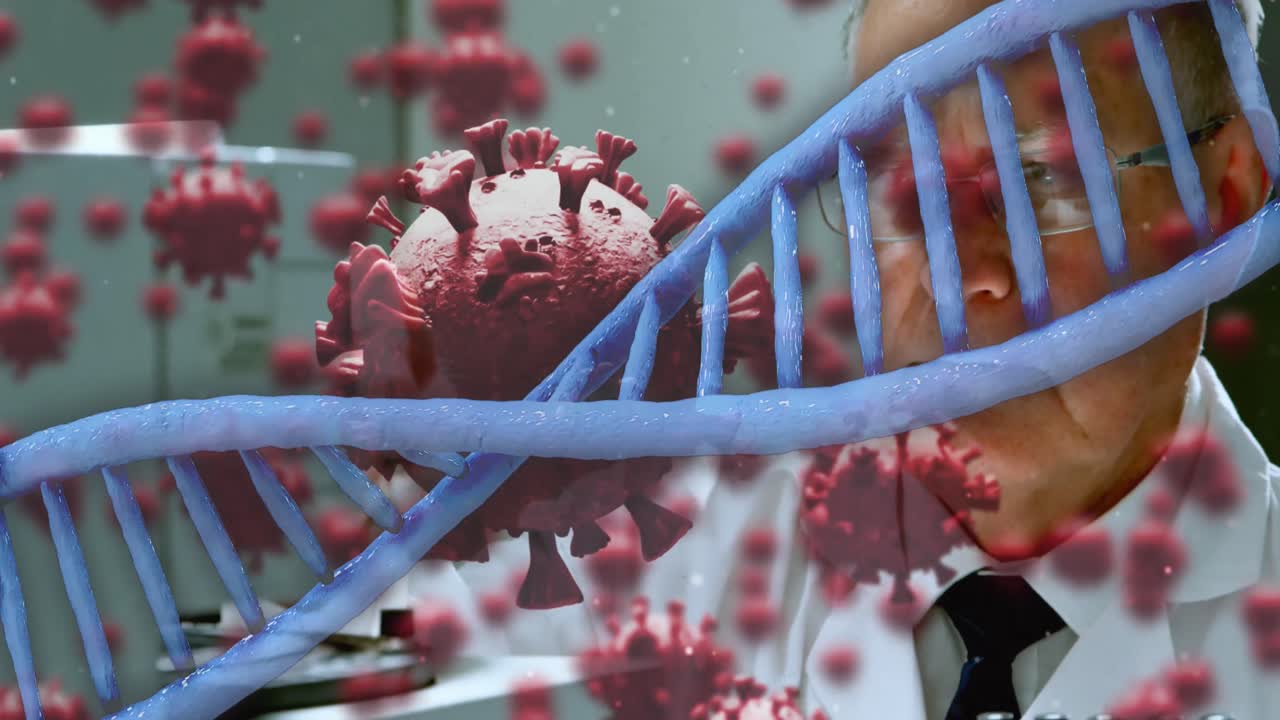 animación de cadenas de adn sobre un médico caucásico que sostiene un frasco con líquido