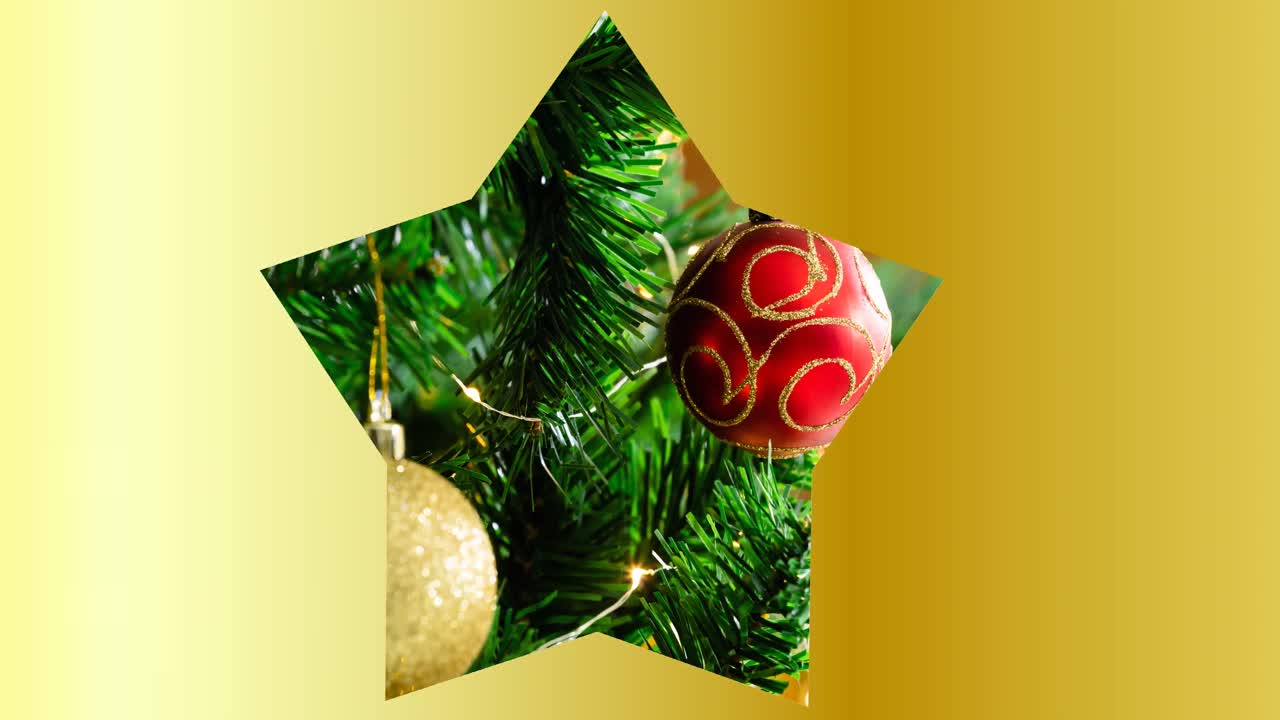 animación de marco en forma de estrella con árbol de navidad en el fondo