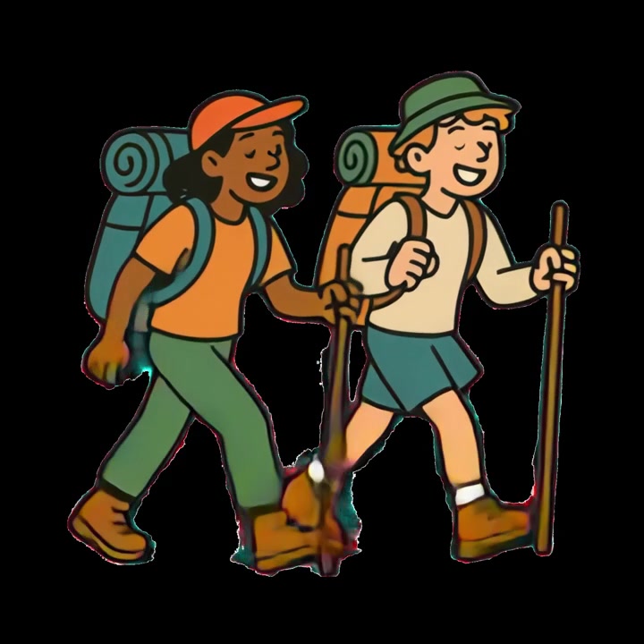 Bambini dei cartoni animati in escursione con zaini e bastoncini da trekking