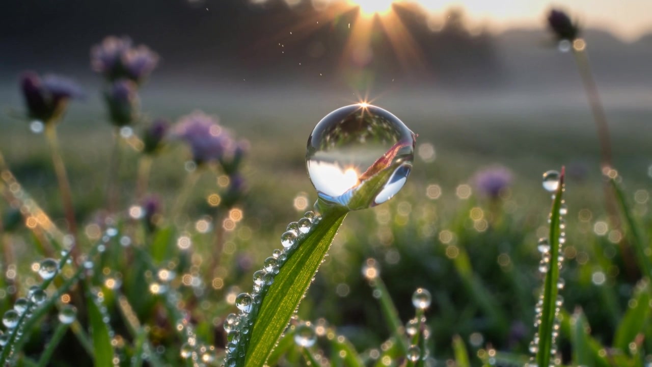Warming sun nudging grass blade holding dew droplet in meadow, detaching and revealing red petal