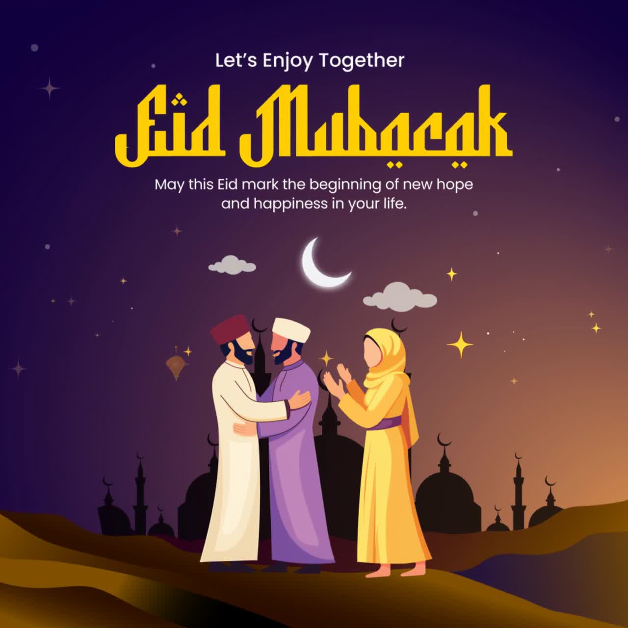Animazione Eid Mubarak con personaggi, sagoma di moschea, luna crescente su sfondo notturno viola