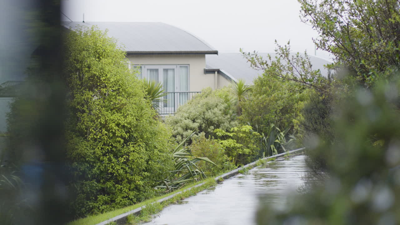 Heavy Rain On Residential House And Vegetation In New Zealand. wide shot