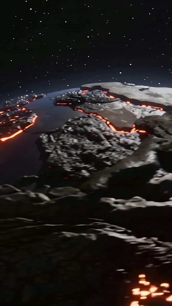 Video verticale: Telecamera in panoramica che rivela una crosta fratturata e canali di lava oltre il bordo del pianeta.