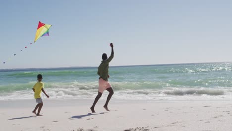 smiling african american father with son flying kite on sunny beach