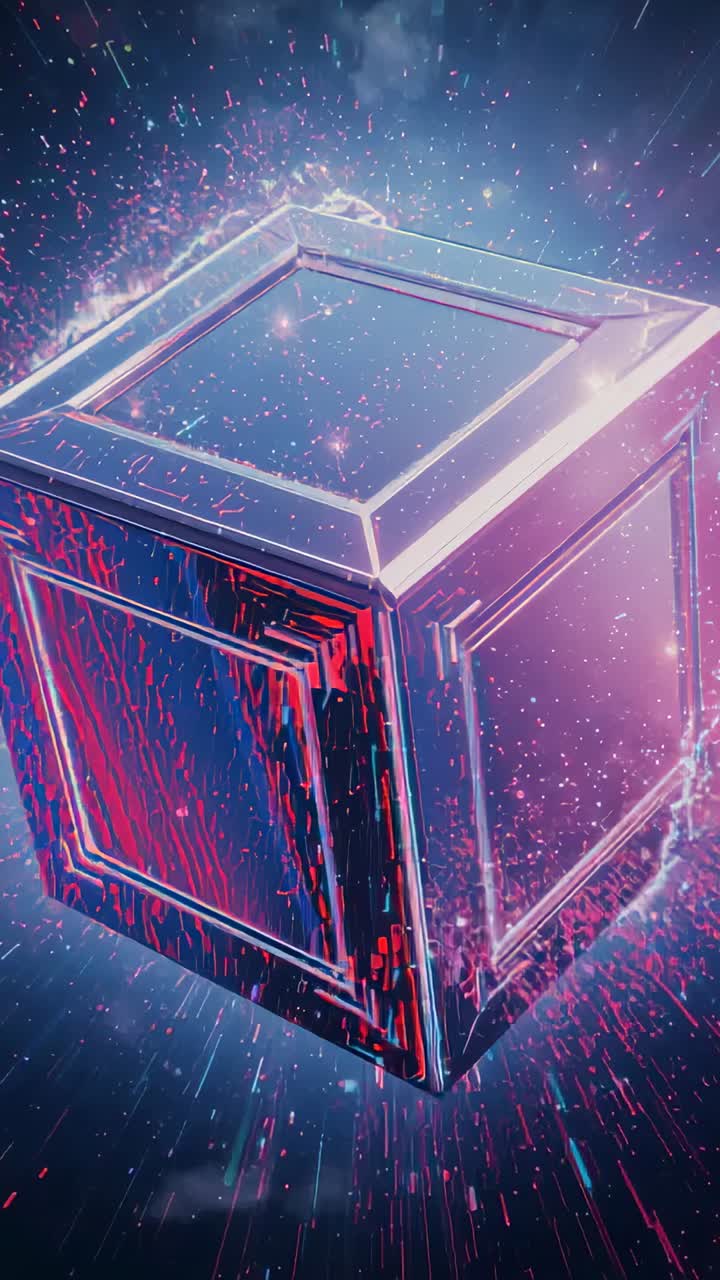 Vertical video: Appearing metal cube rotating in space void, emitting neon sparks, revealing panel