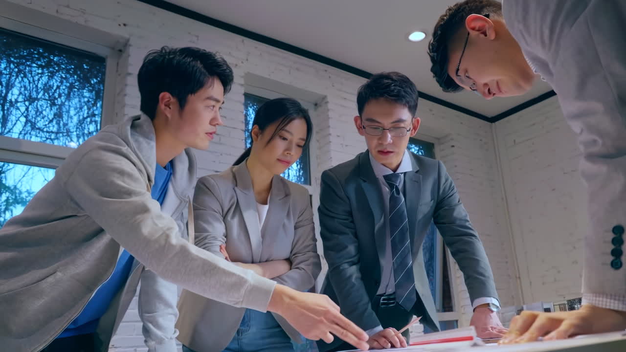 Discussion corporate architecture teamwork reviewing blueprints project, floor plan engineering construction office. Business diversity professional worker group collaboration meeting for drawing idea