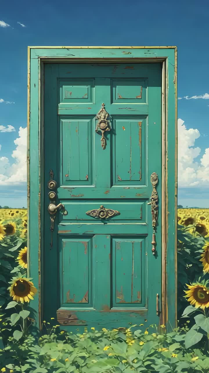 Vertical video: Revealing teal door standing in sunflower field, with brass knocker and latch